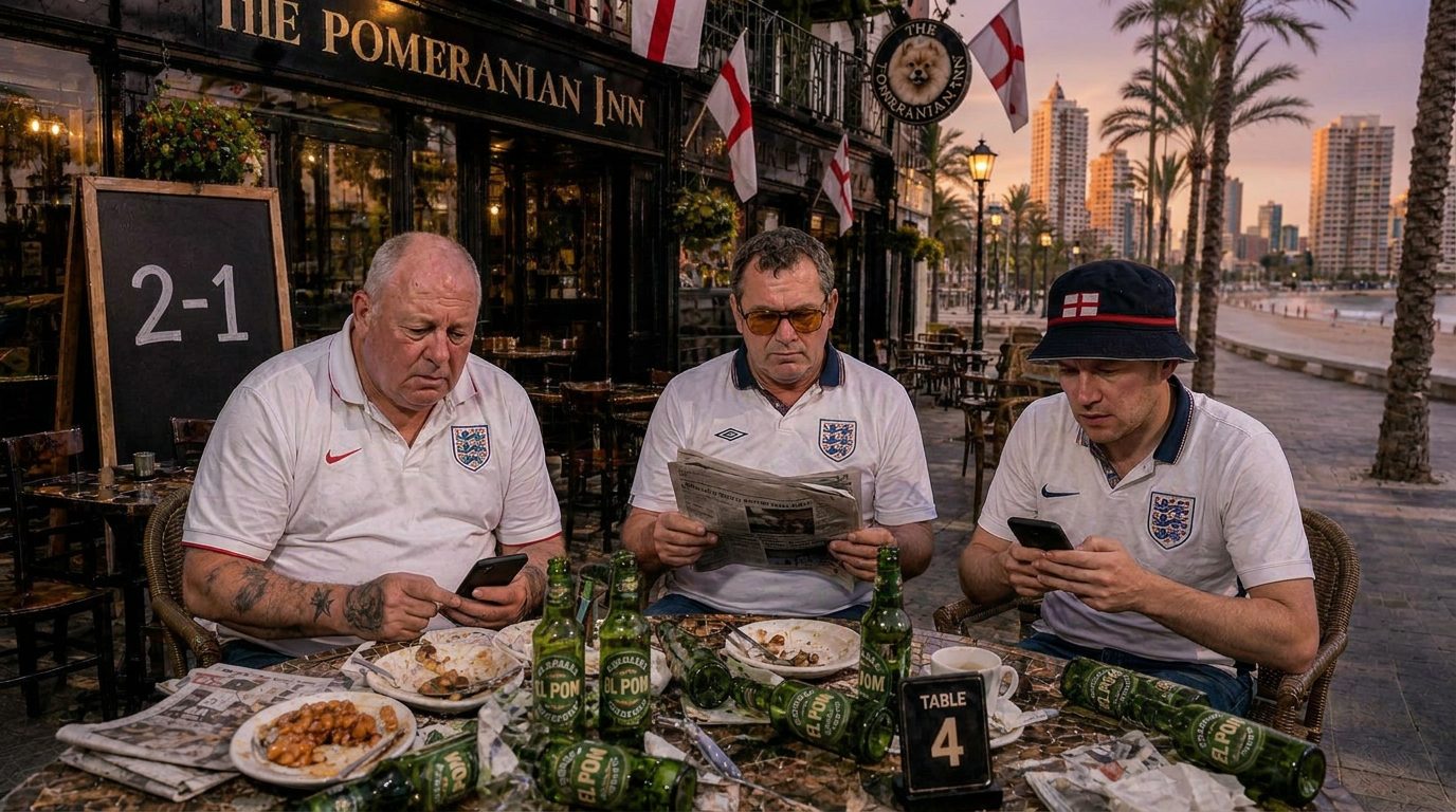 The Pomeranian Inn at dusk, Dave, Tel and Jonny sitting in silence, reading newspapers and phones, looking exhausted