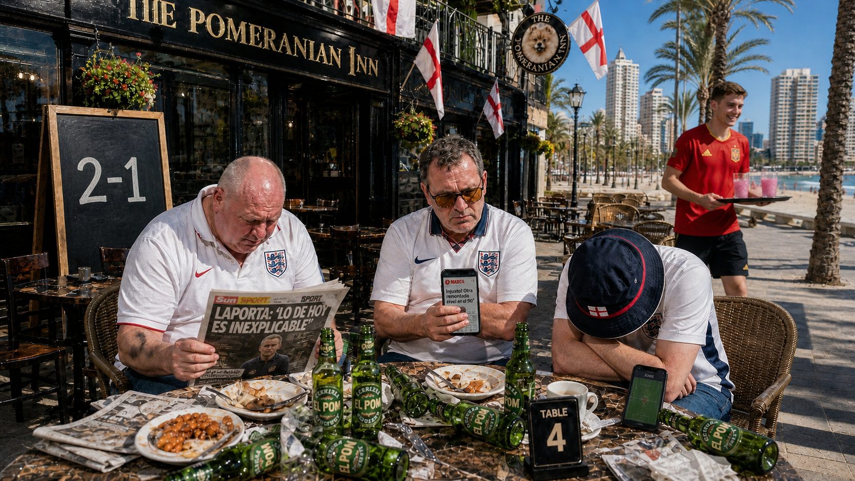 Tel translating Swedish headlines on his phone while Dave stares at a Spanish newspaper