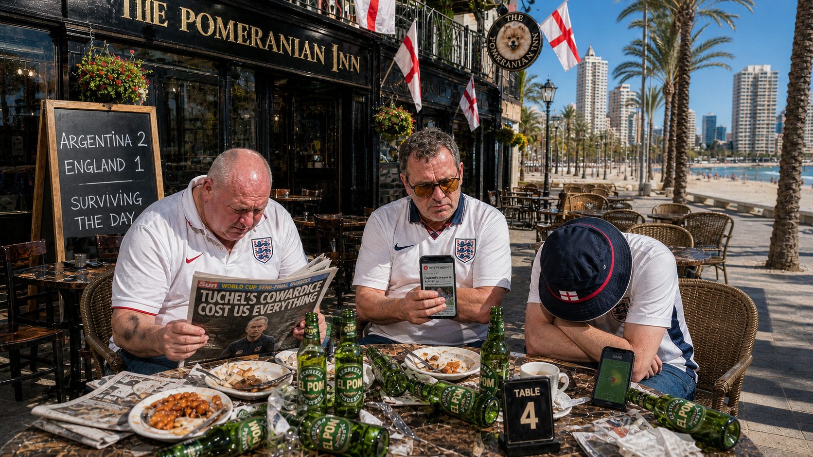 Dave, Tel and Jonny looking exhausted and hungover at Table 4, reading the morning papers