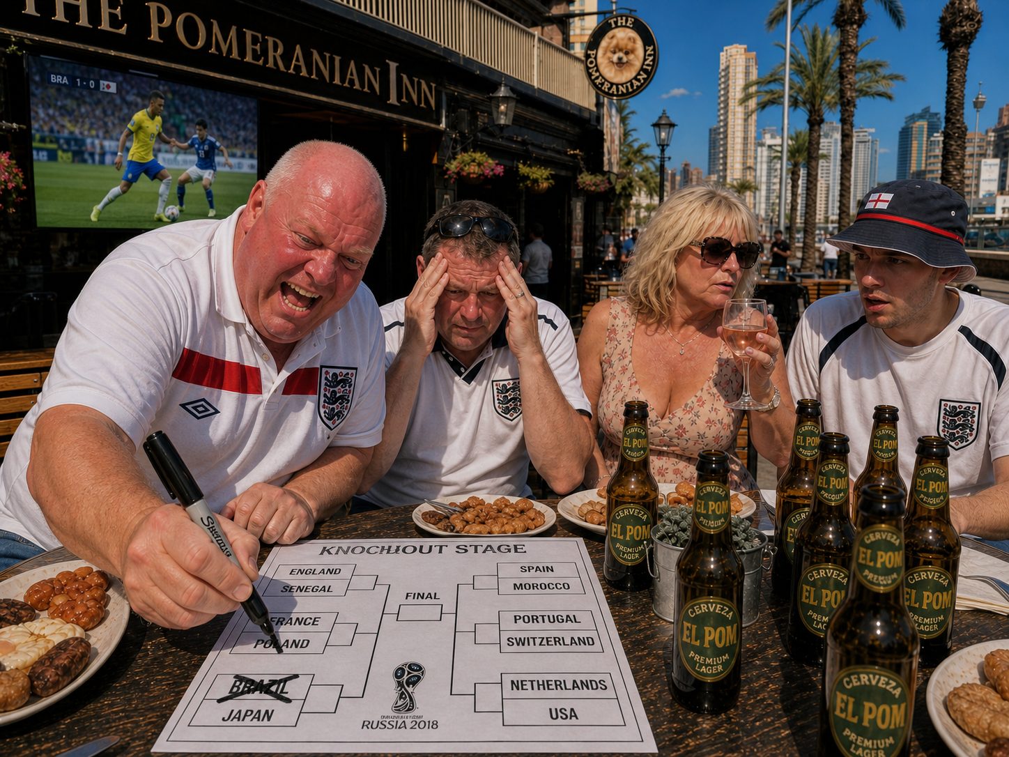 Dave aggressively crossing out Brazil on the laminated bracket with a thick black marker, Tel watching in despair