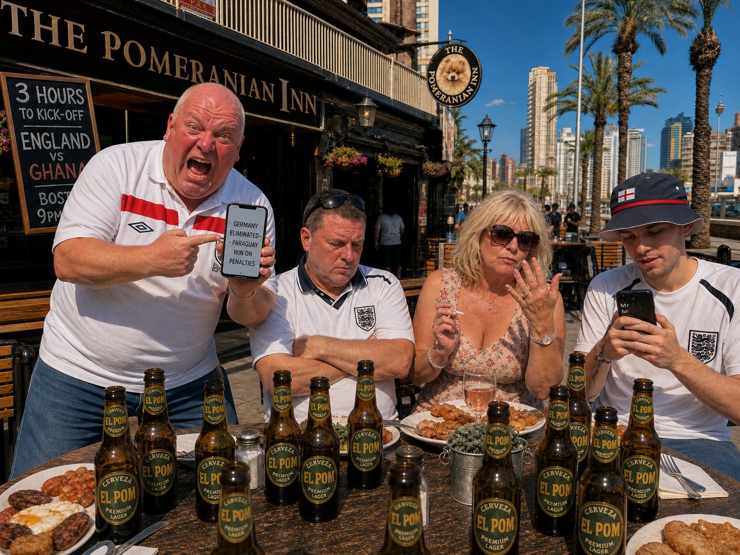 Dave standing at Table 4 pointing triumphantly at his phone showing Germany eliminated, Cerveza El Pom bottles everywhere
