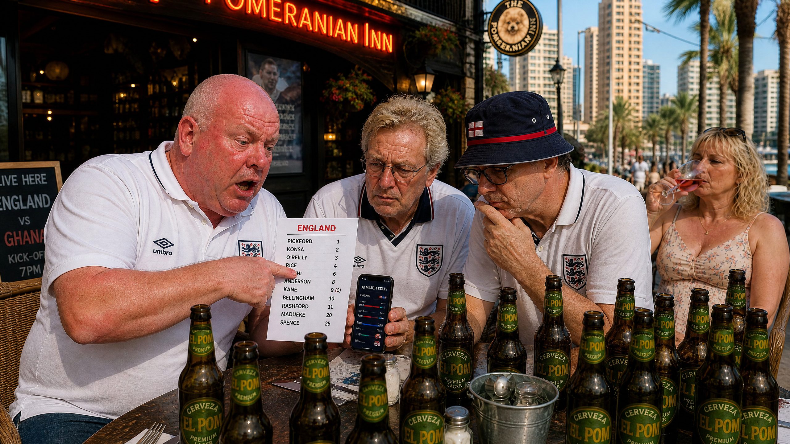 Dave holding the England teamsheet, Tel and Jonny studying it intently, Sharon drinking ros&eacute; in the background, Cerveza El Pom bottles everywhere