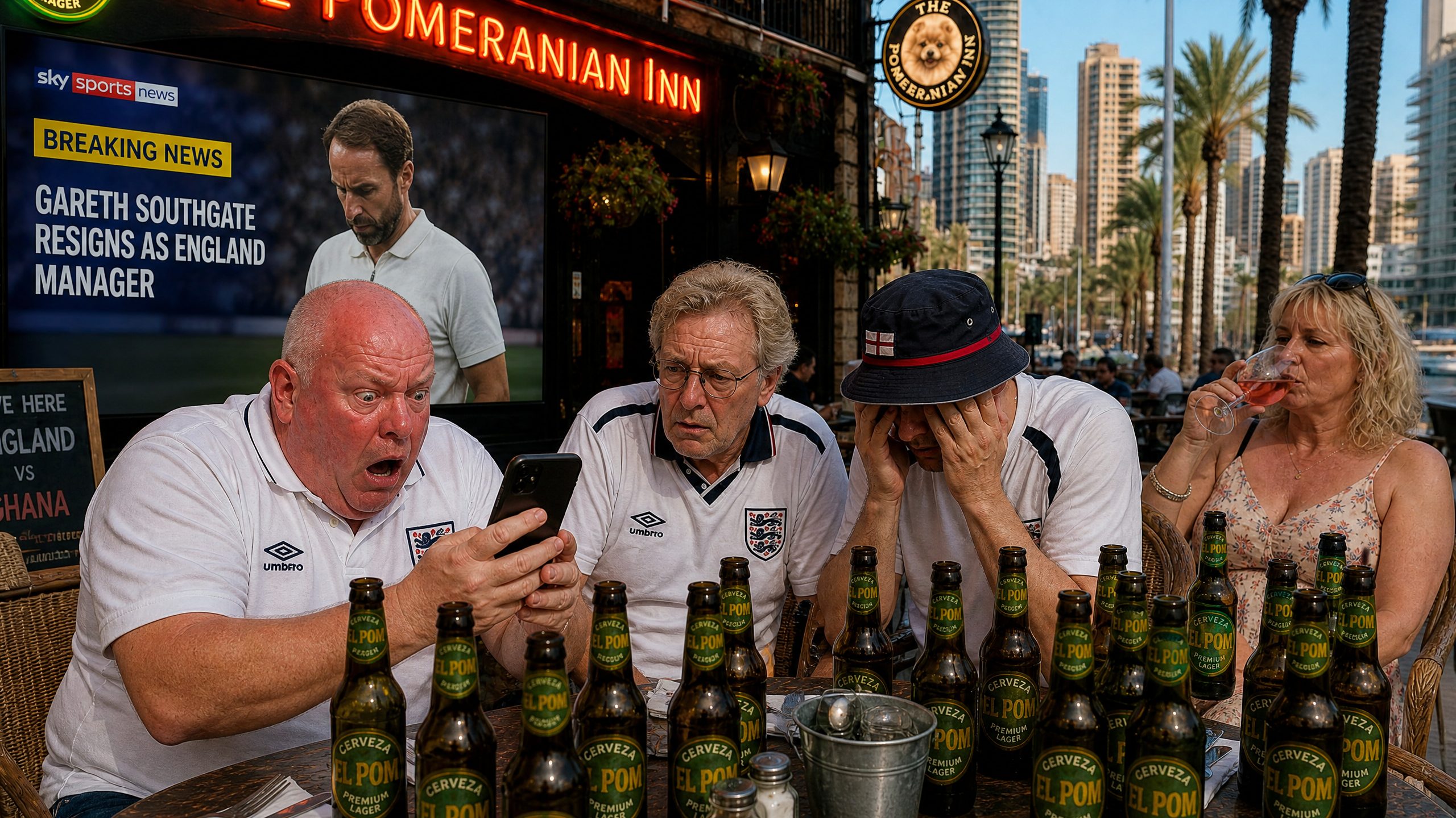 Dave staring in horror at his phone showing Sky Sports breaking news about England having no right-back, table covered in empty Cerveza El Pom bottles
