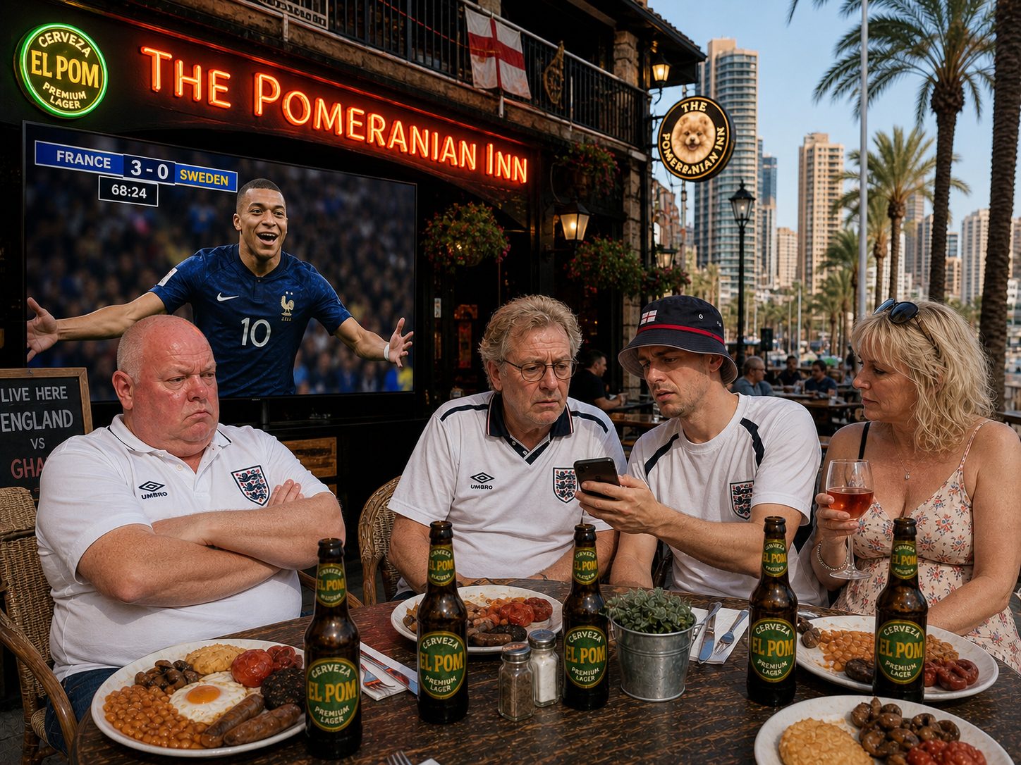 Dave staring blankly at the pub TV showing Mbappe celebrating his third goal against Sweden, Cerveza El Pom untouched
