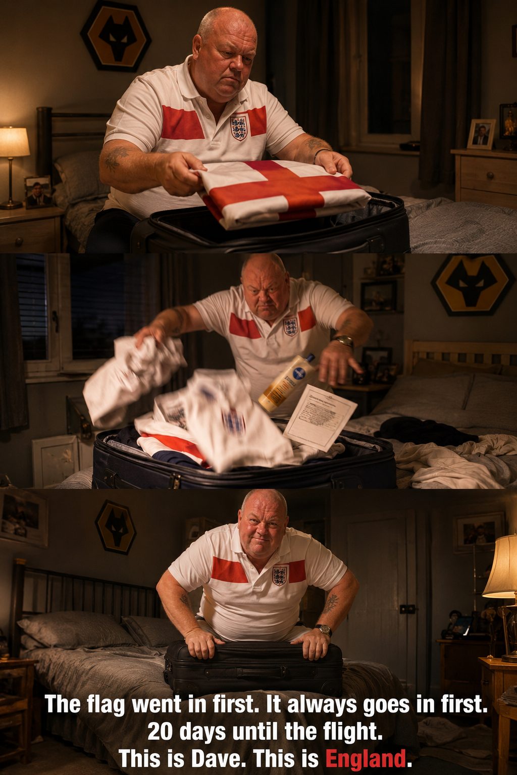 Dave packing his suitcase 20 days before the flight. The flag went in first. It always goes in first.