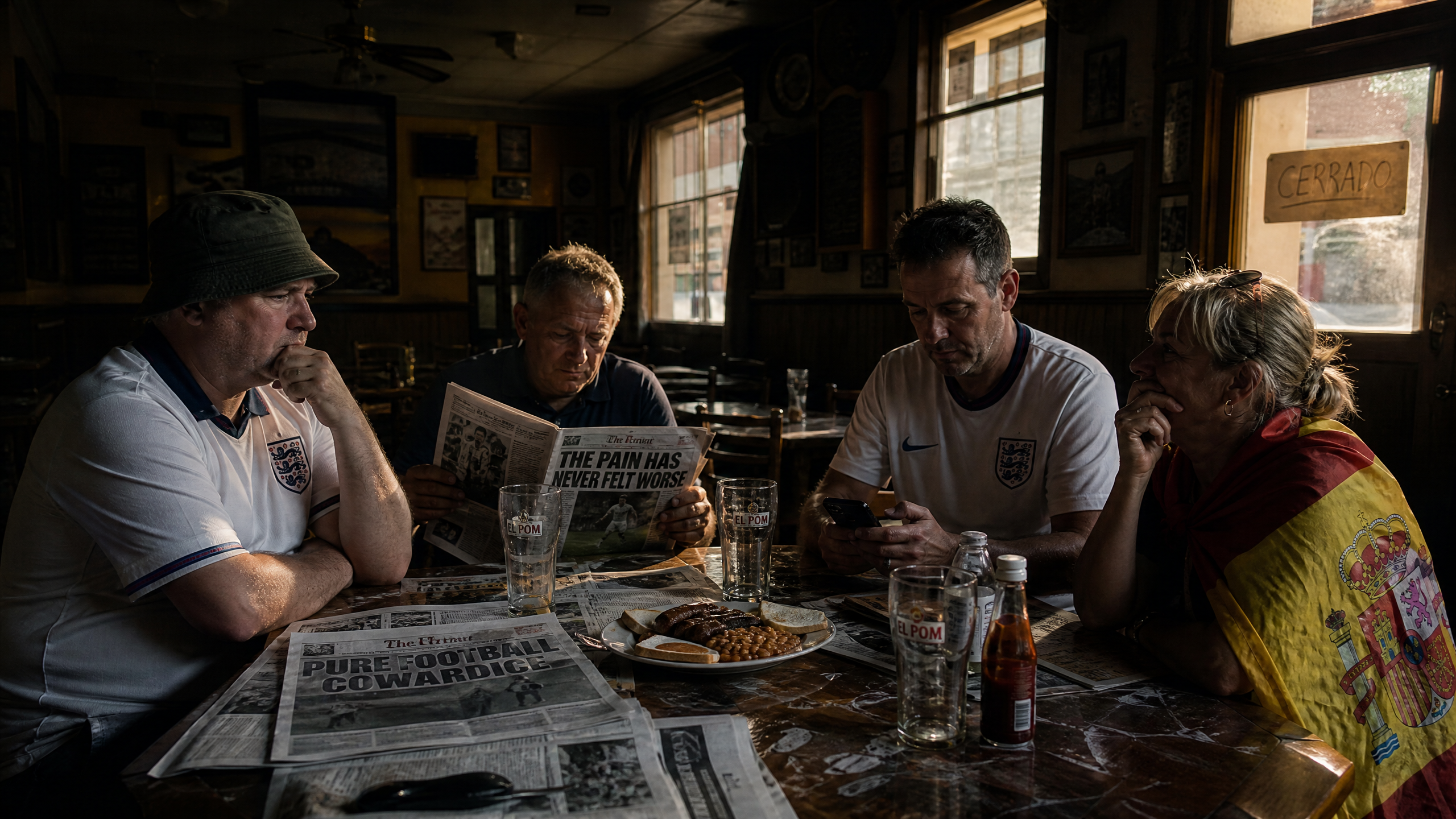 Dave, Tel, Jonny and Sharon at Table 4 reading the morning papers — PURE FOOTBALL COWARDICE