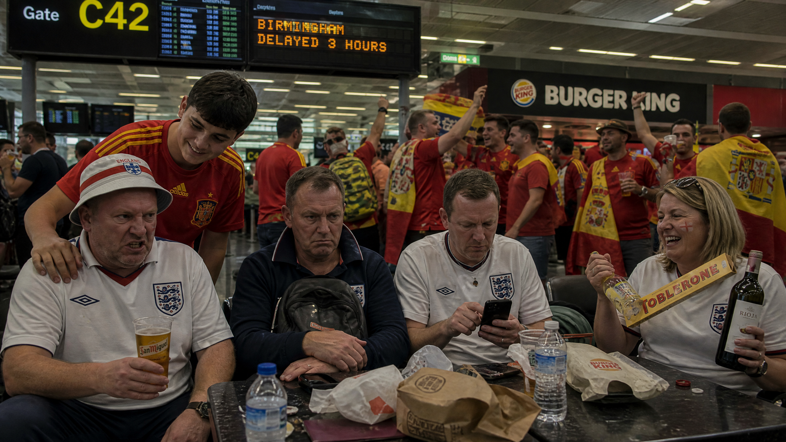 Table 4 at Gate C42, Alicante Airport, surrounded by celebrating Spanish fans, Birmingham delayed 3 hours