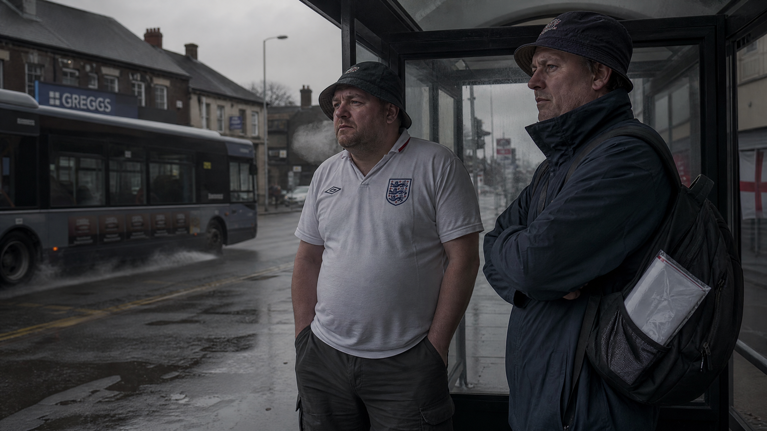 Dave and Tel at a Wolverhampton bus stop in the grey July drizzle, Dave staring into the middle distance