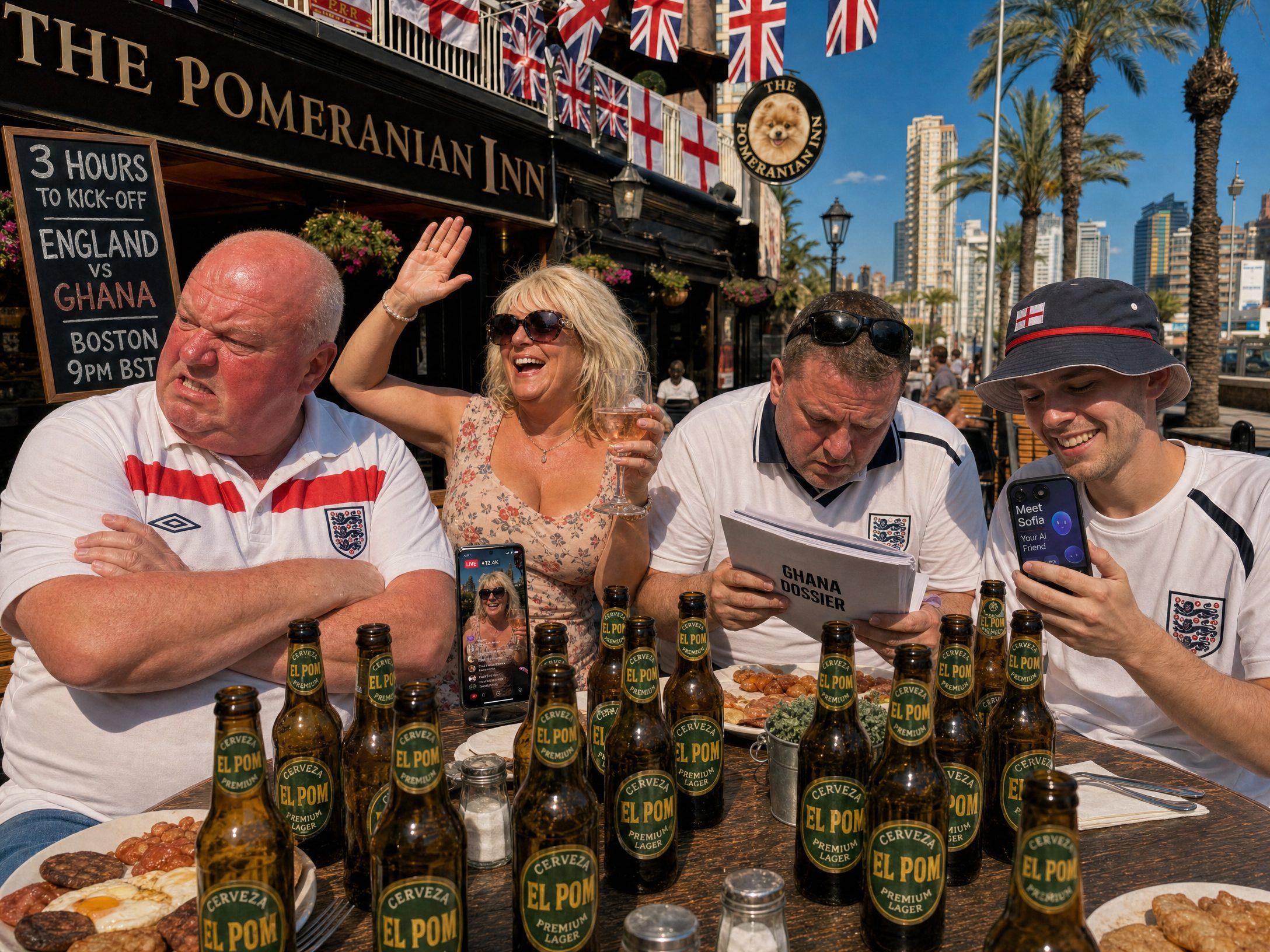 Table 4 three hours before kick-off — 12 empty El Pom bottles, Sharon on TikTok Live, Dave furious, Tel in dossier, Jonny on new AI