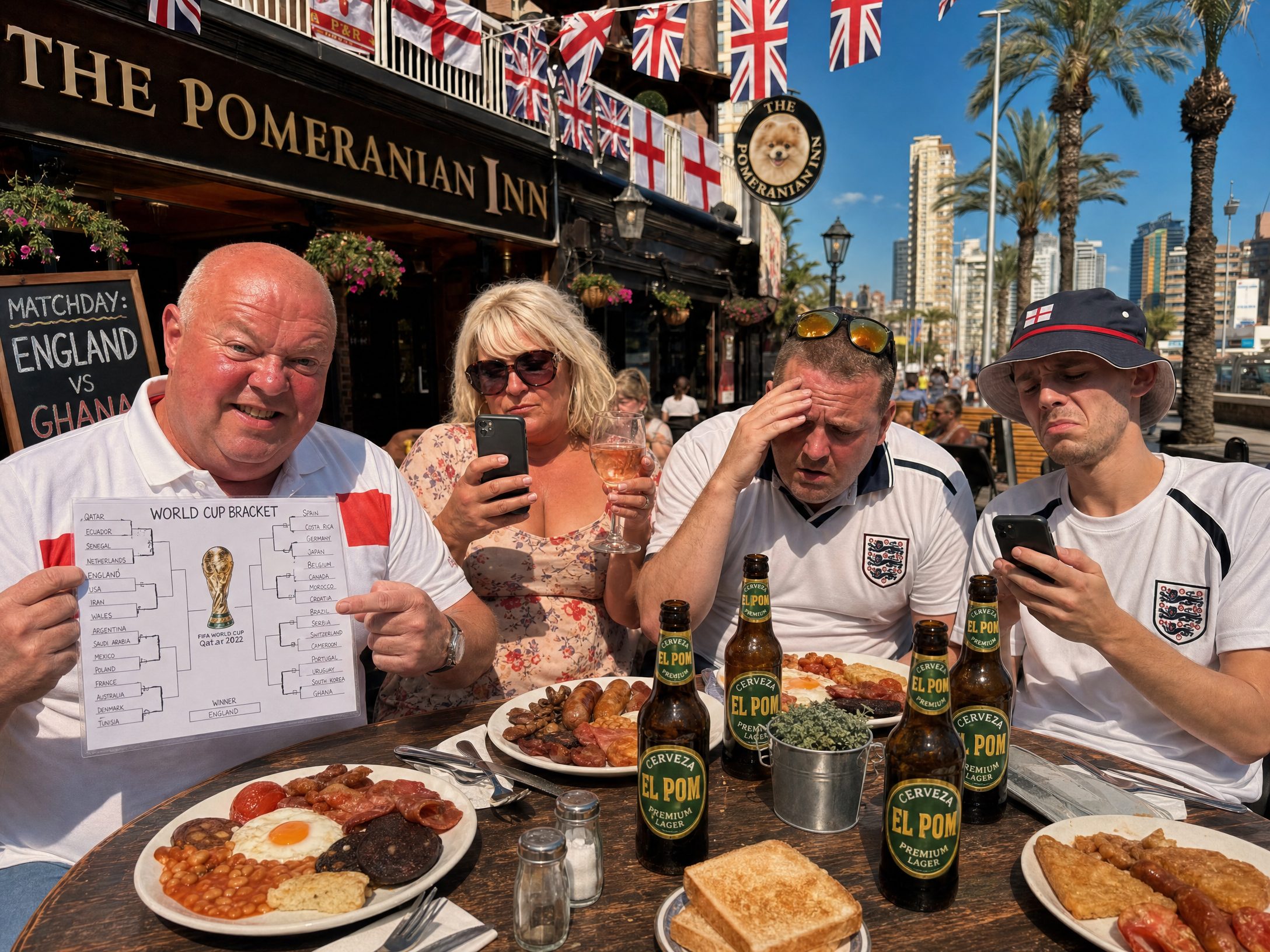 Table 4 on matchday morning — Dave with bracket, Sharon on rosé, Tel clutching dossier, Jonny deleting AI