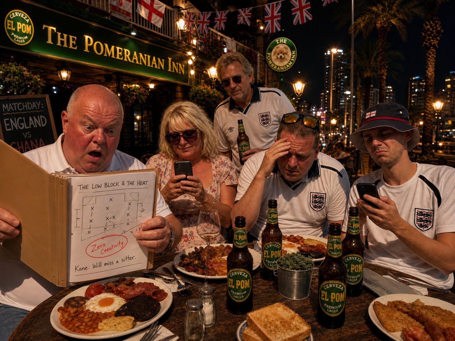 Dave looking shocked reading Tel's dossier showing tactical diagrams predicting the 0-0 draw and Kane missing a sitter