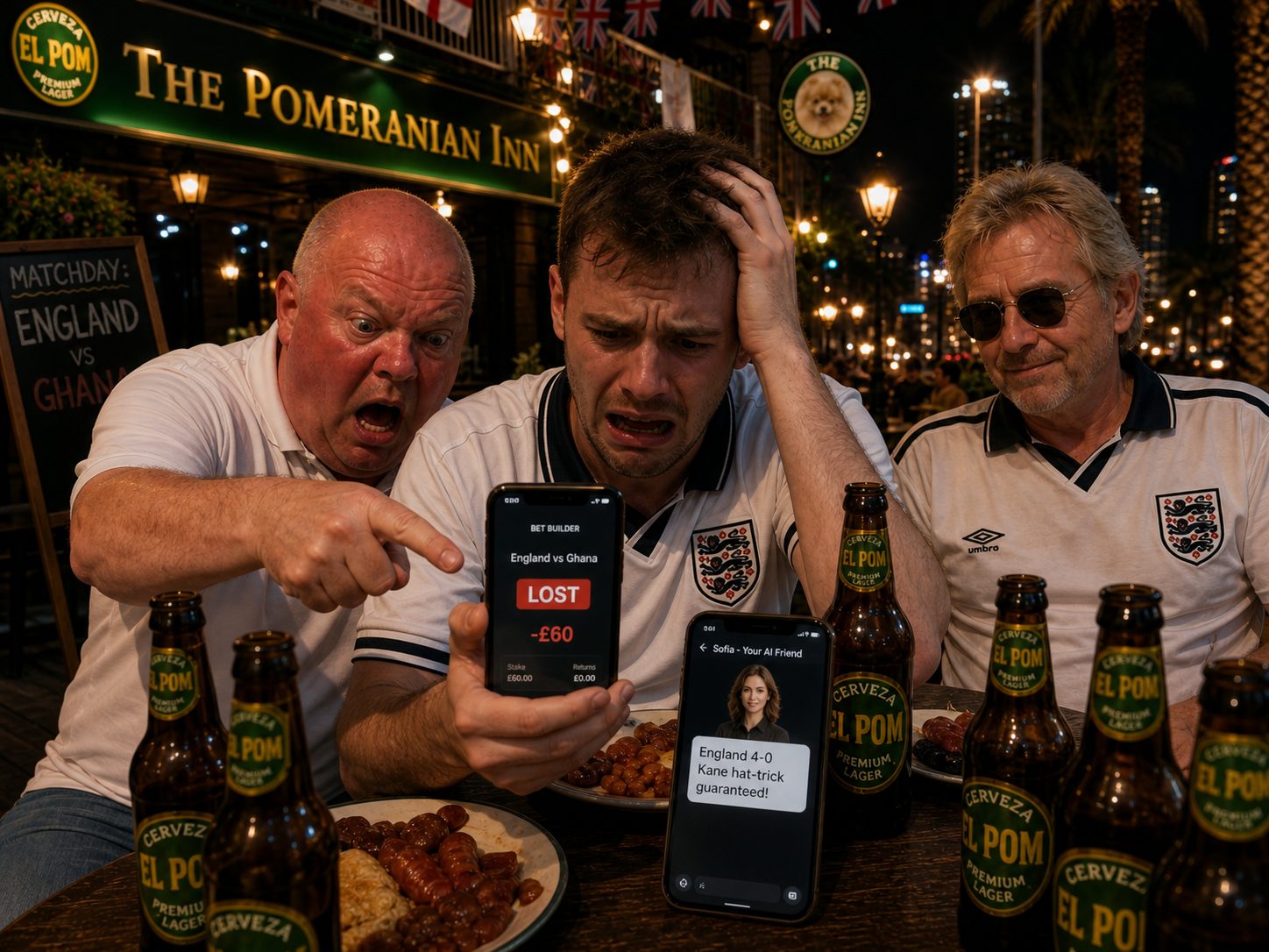 Jonny devastated at phone showing lost bet minus 60 pounds, Sofia AI app visible saying England 4-0 Kane hat-trick guaranteed