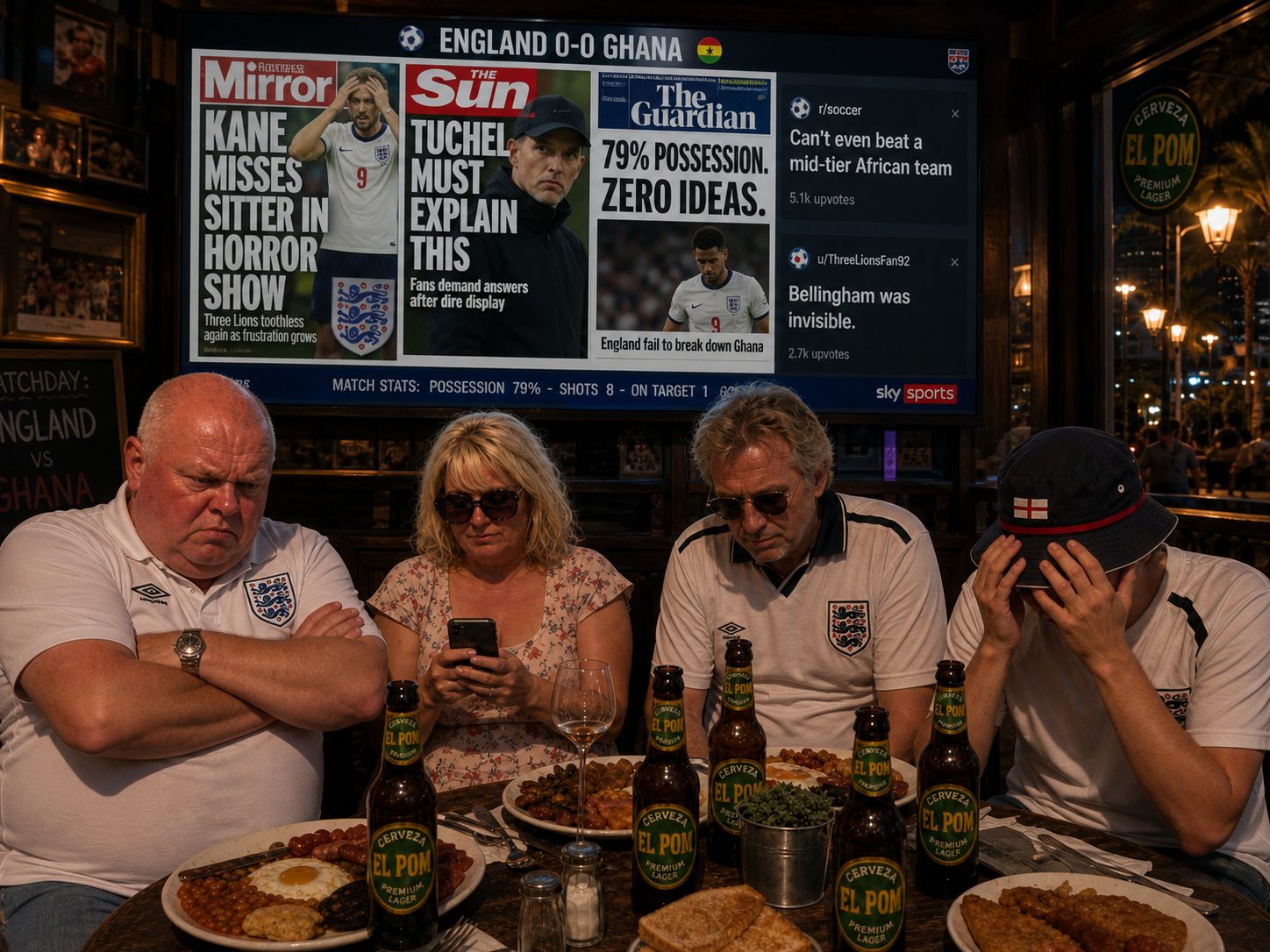 Pub TV showing Mirror Sun Guardian headlines about England 0-0 Ghana, Table 4 in despair below