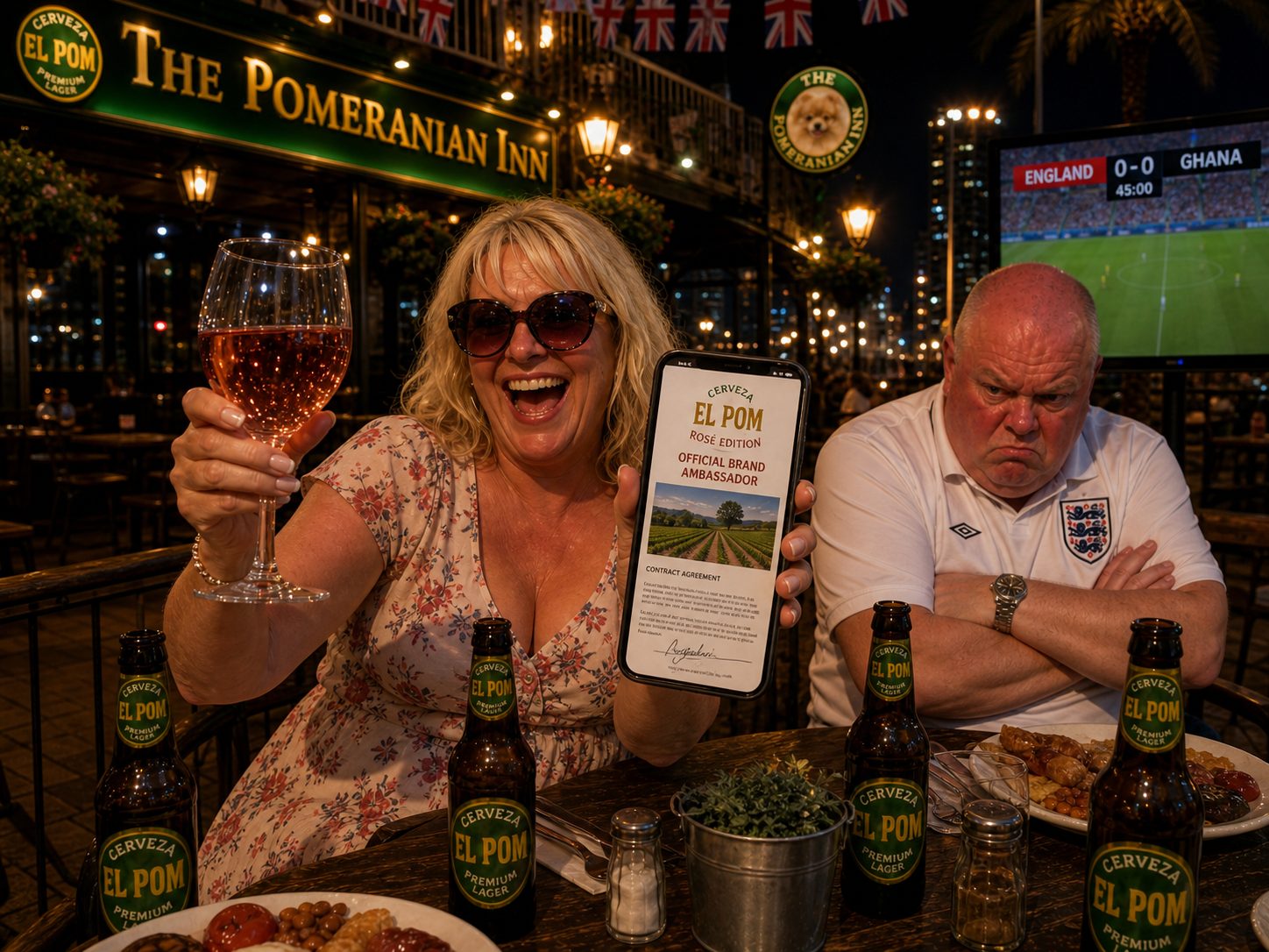 Sharon celebrating with rosé showing Cerveza El Pom Rosé Edition Official Brand Ambassador contract on phone, Dave miserable in background with 0-0 on TV
