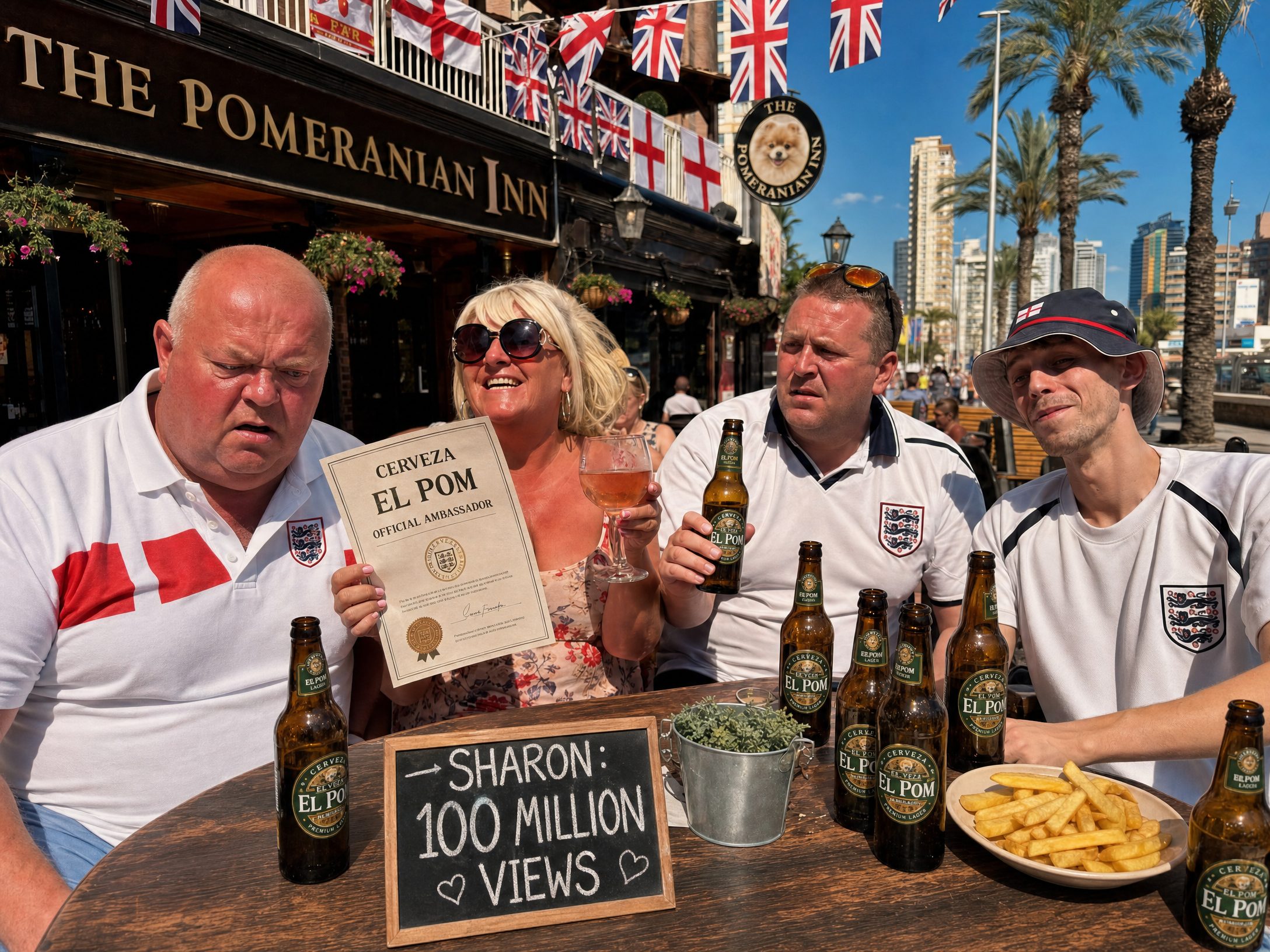 Sharon holding Cerveza El Pom Official Ambassador certificate while holding rosé, Dave looking furious