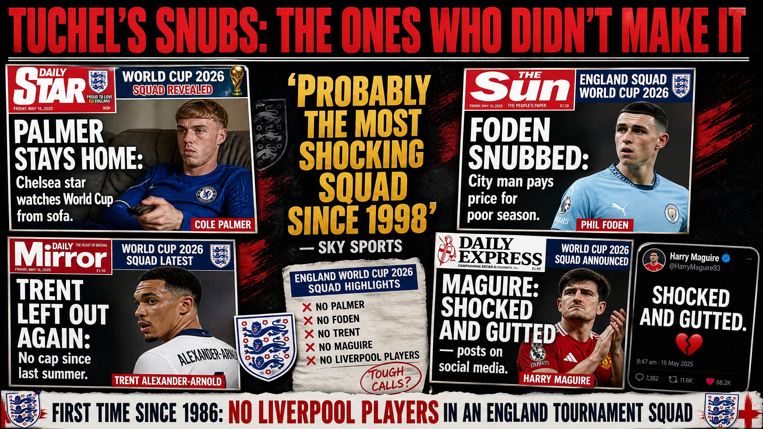 Tuchel's snubs — Palmer, Foden, Trent, Maguire all left out, media reaction