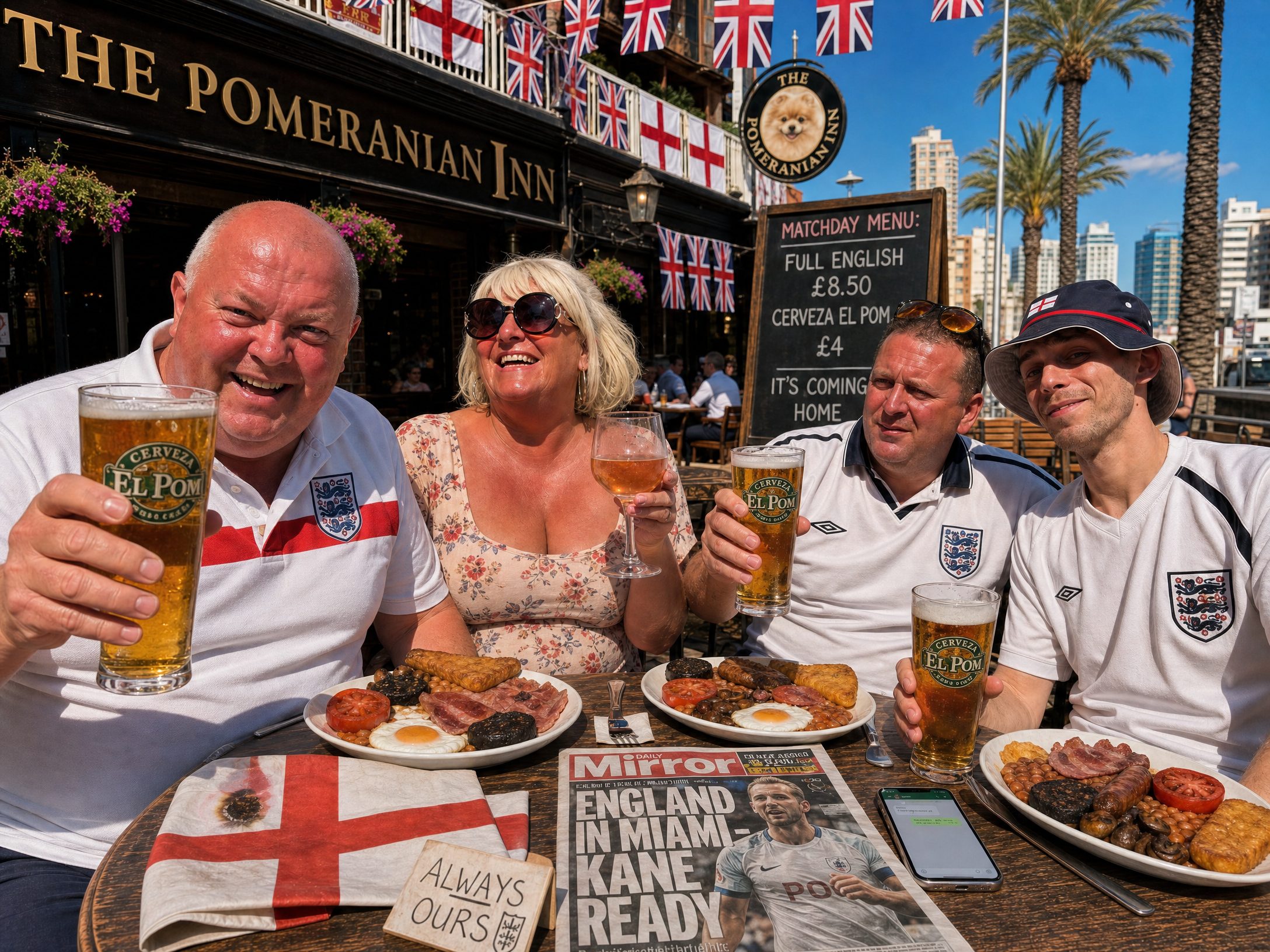 The gang at Table 4, The Pomeranian Inn — 9am matchday, full English and pints, flag returned