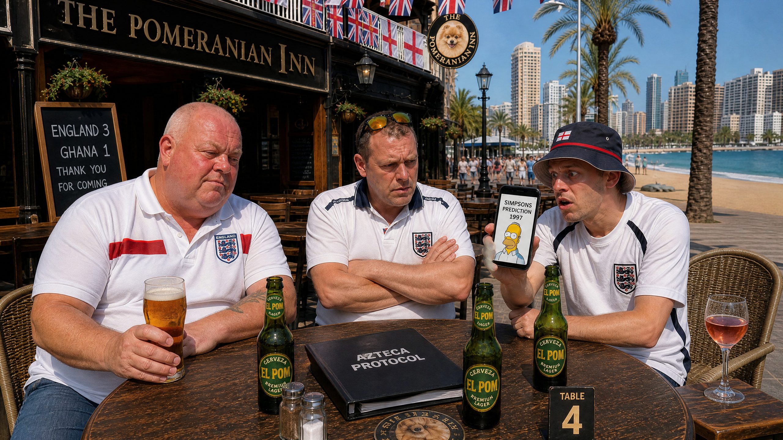 Jonny showing the Simpsons conspiracy theory on his phone to Tel and Dave at Table 4