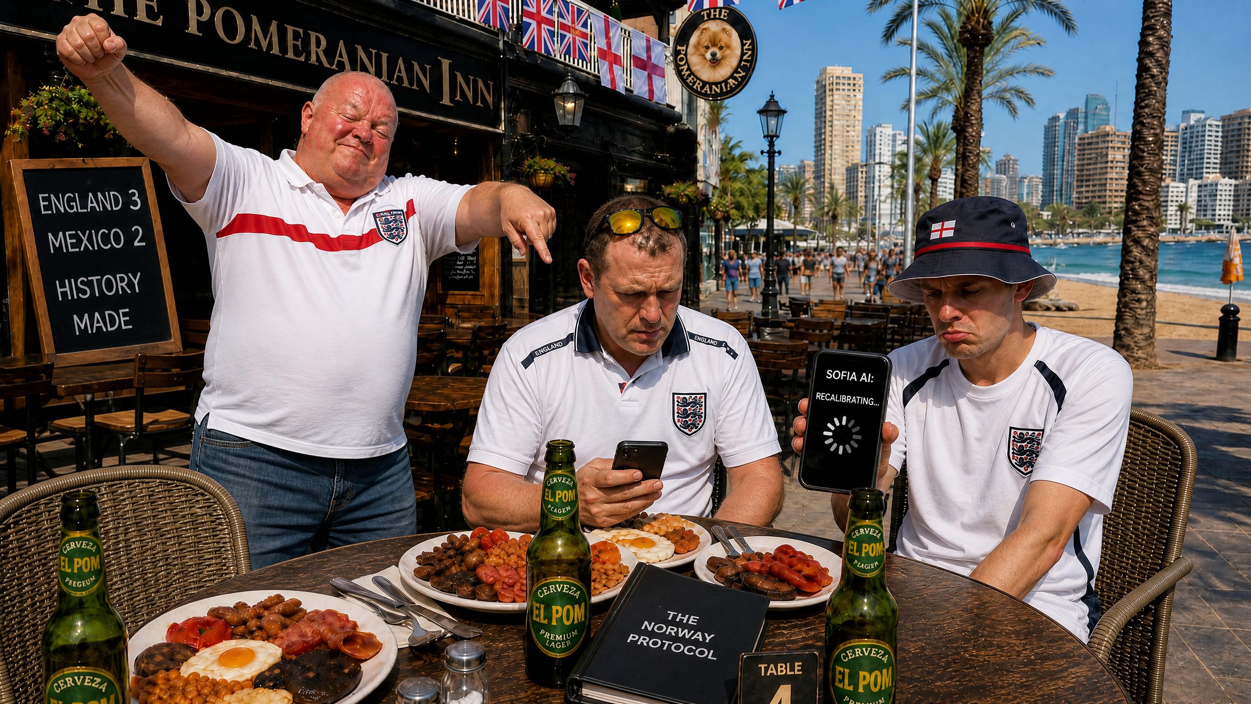 Dave standing at Table 4, arms raised in triumph, looking incredibly smug, while Jonny looks sheepish holding his phone