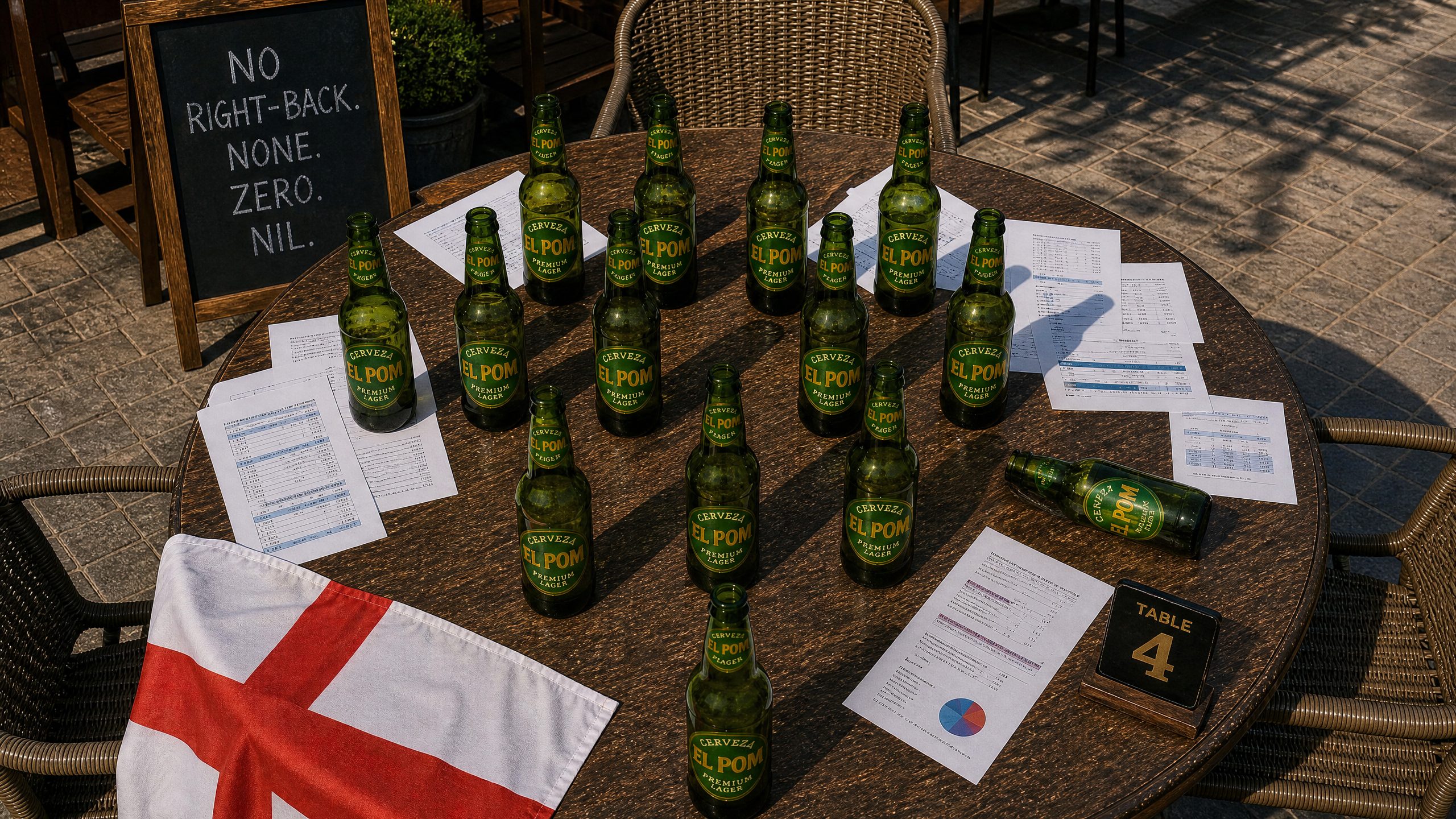 Fourteen Cerveza El Pom bottles arranged in a 4-2-3-1 formation on Table 4, the right-back bottle lying on its side