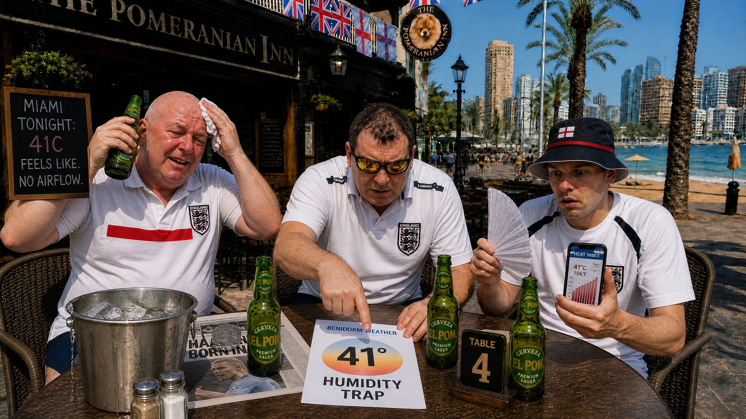 Dave mopping his head with a napkin, Tel pointing seriously at a 41 degrees humidity trap weather printout, Jonny showing a heat index chart on his phone