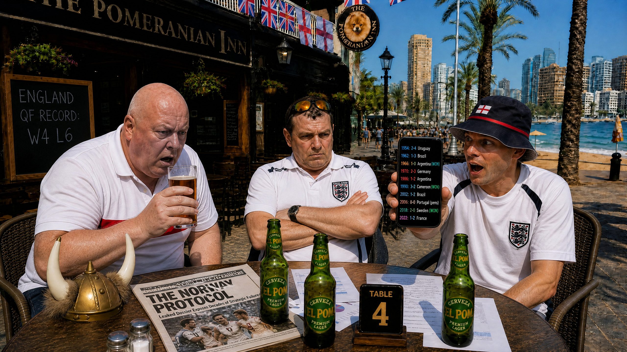 Jonny holding up his phone showing England's quarter-final history, Dave frozen in horror, Tel staring into the distance