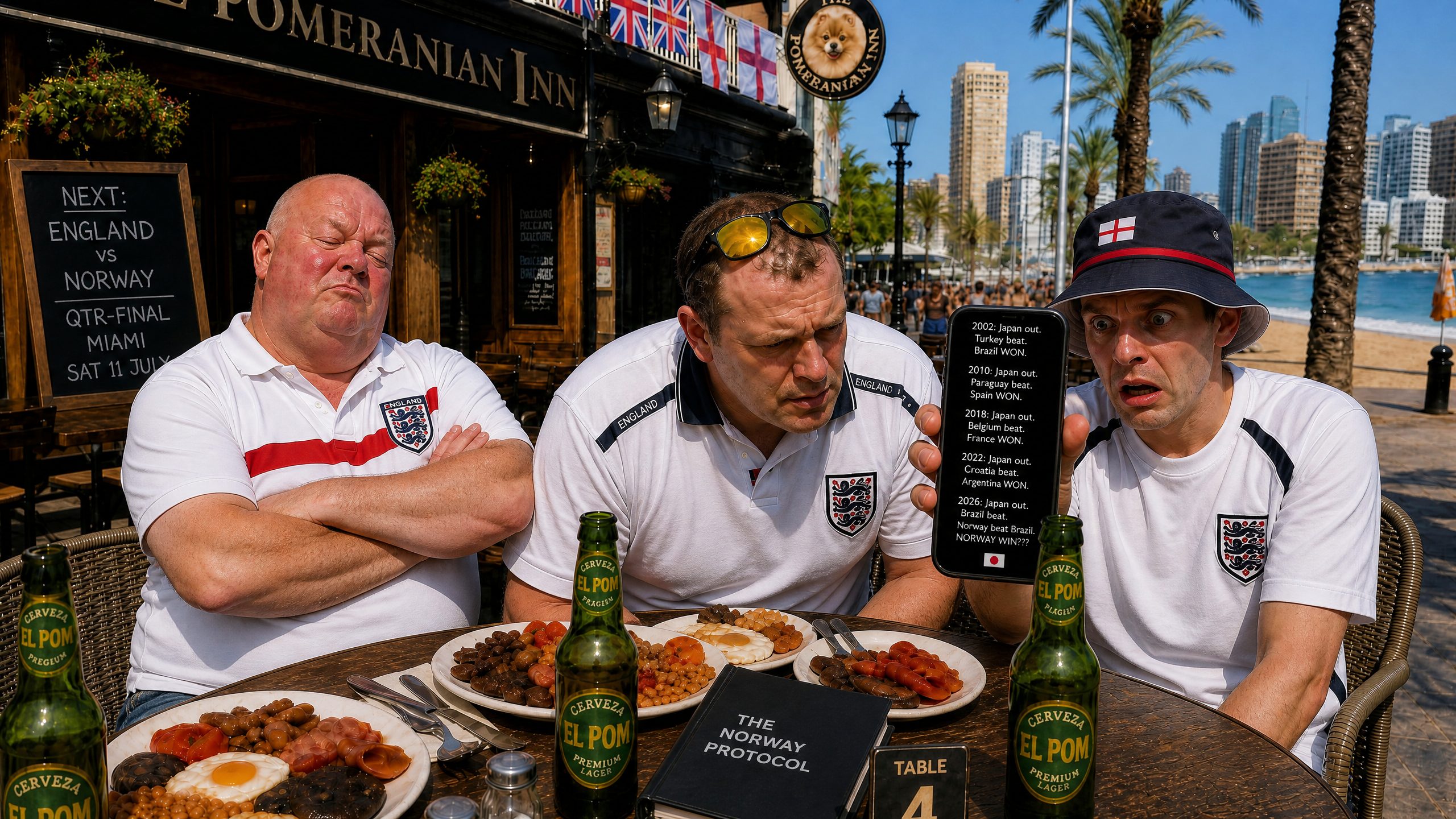 Jonny looking terrified holding his phone showing the Japan Curse stats, while Dave looks dismissive and Tel looks concerned