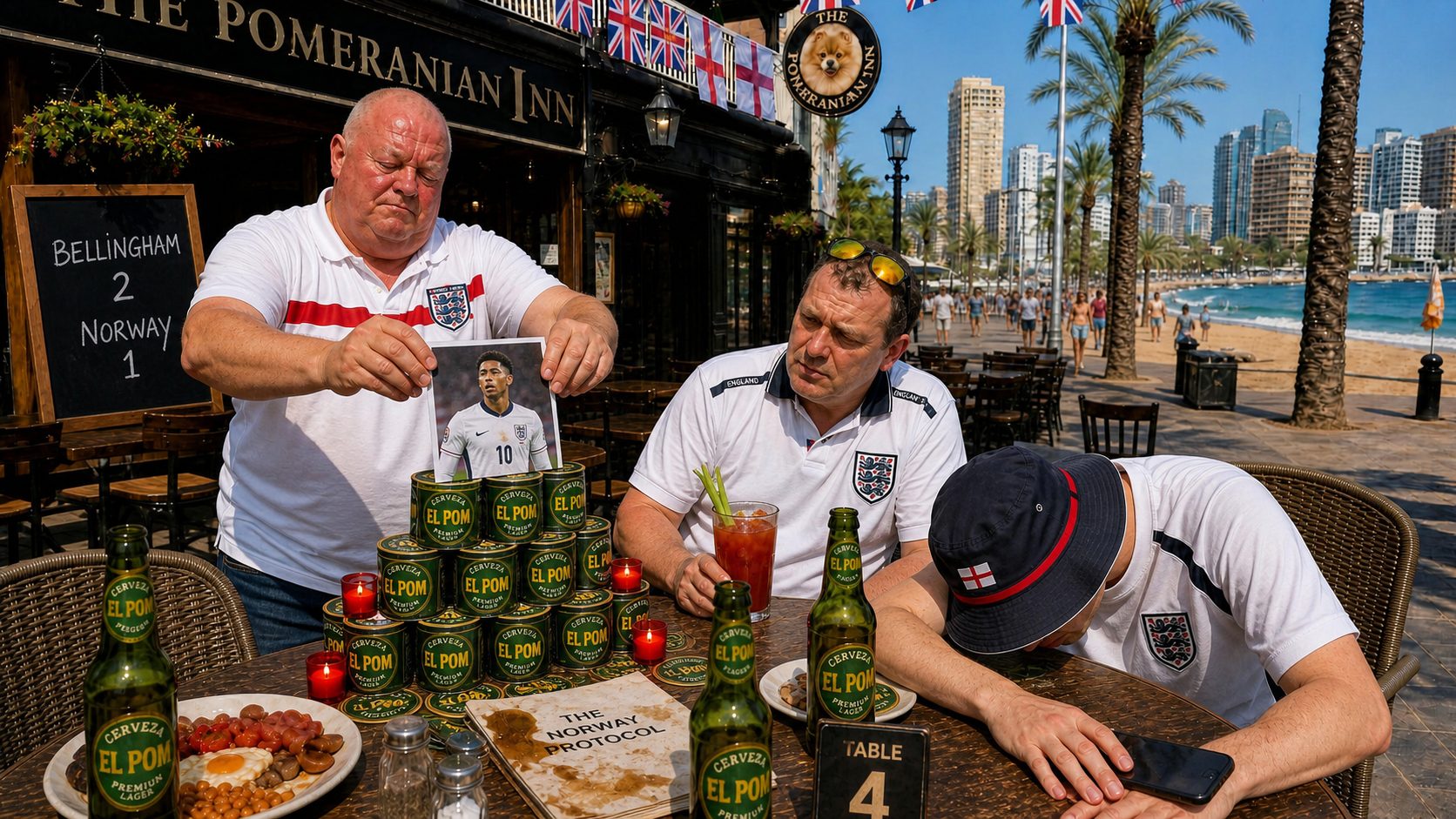 Dave building a makeshift shrine to Jude Bellingham on Table 4 using beer mats and a printed photo
