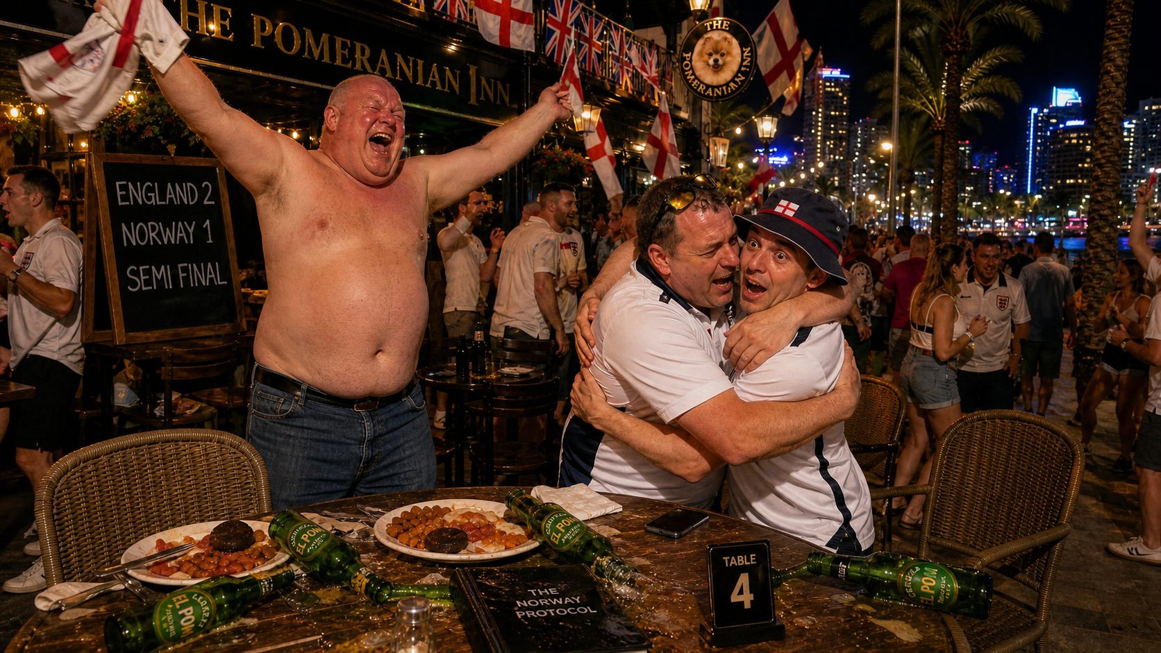 Absolute chaos at Table 4, Dave screaming with his shirt off, Cerveza El Pom flying everywhere, Tel hugging Jonny