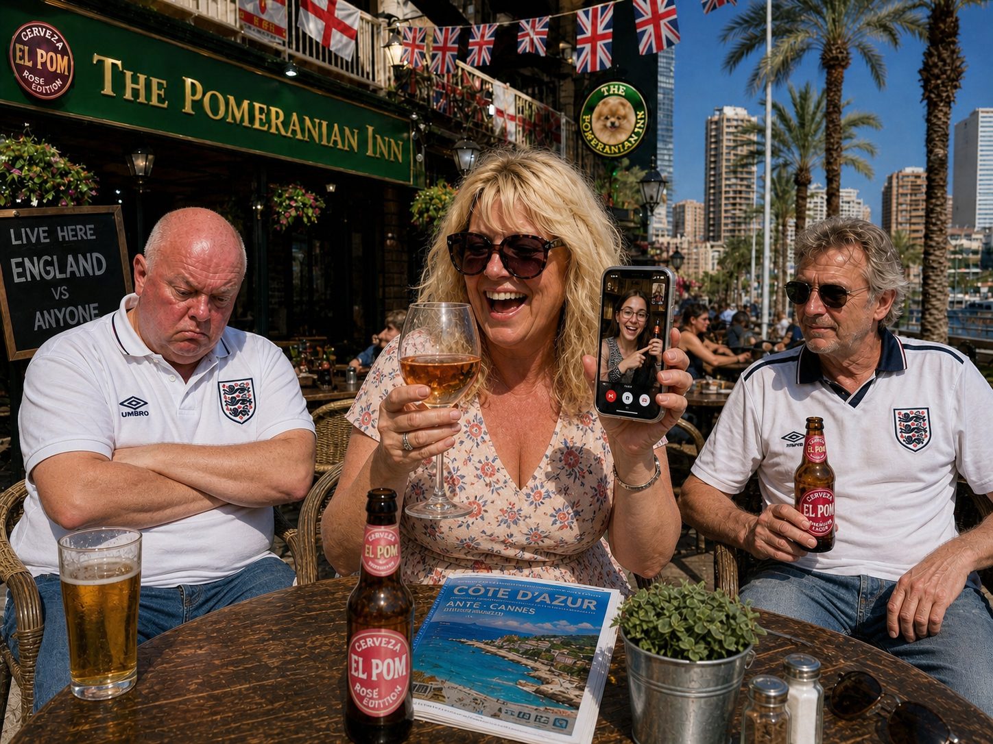 Sharon on FaceTime with Lucy laughing and holding a glass of ros&eacute;, Cerveza El Pom Ros&eacute; Edition on the table, Dave looking devastated in the background