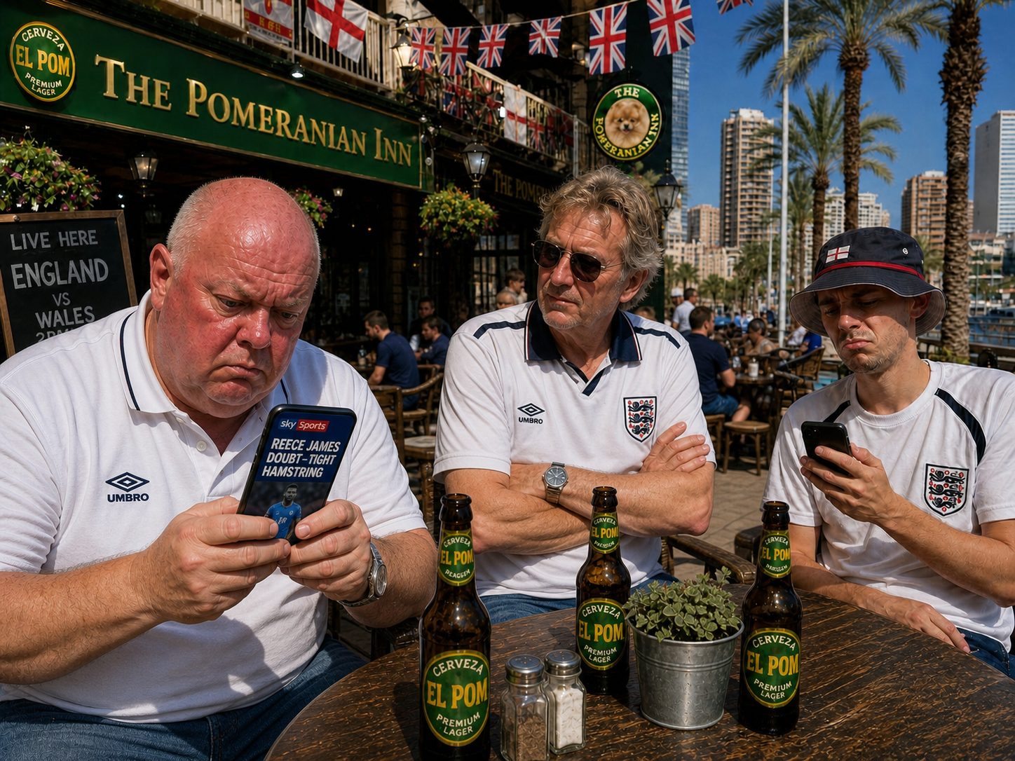 Dave stressed reading Sky Sports injury news, Tel arms folded, Jonny on his phone, Cerveza El Pom bottles on the table