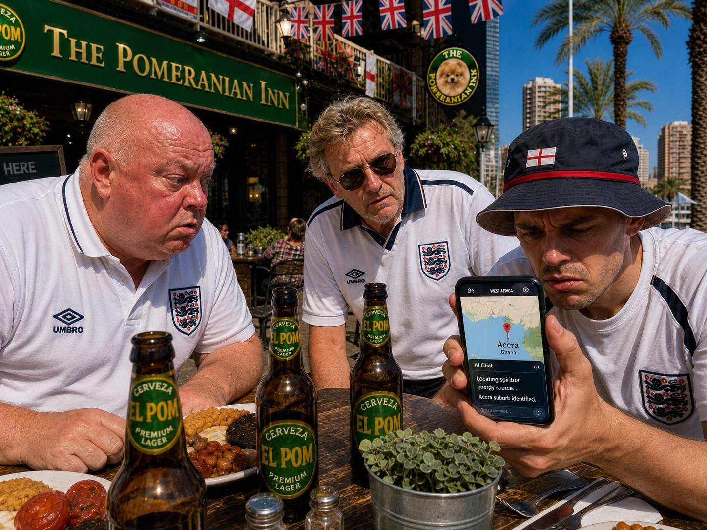 Jonny holding his phone showing a map of West Africa with Accra pinned, Dave and Tel watching in disbelief