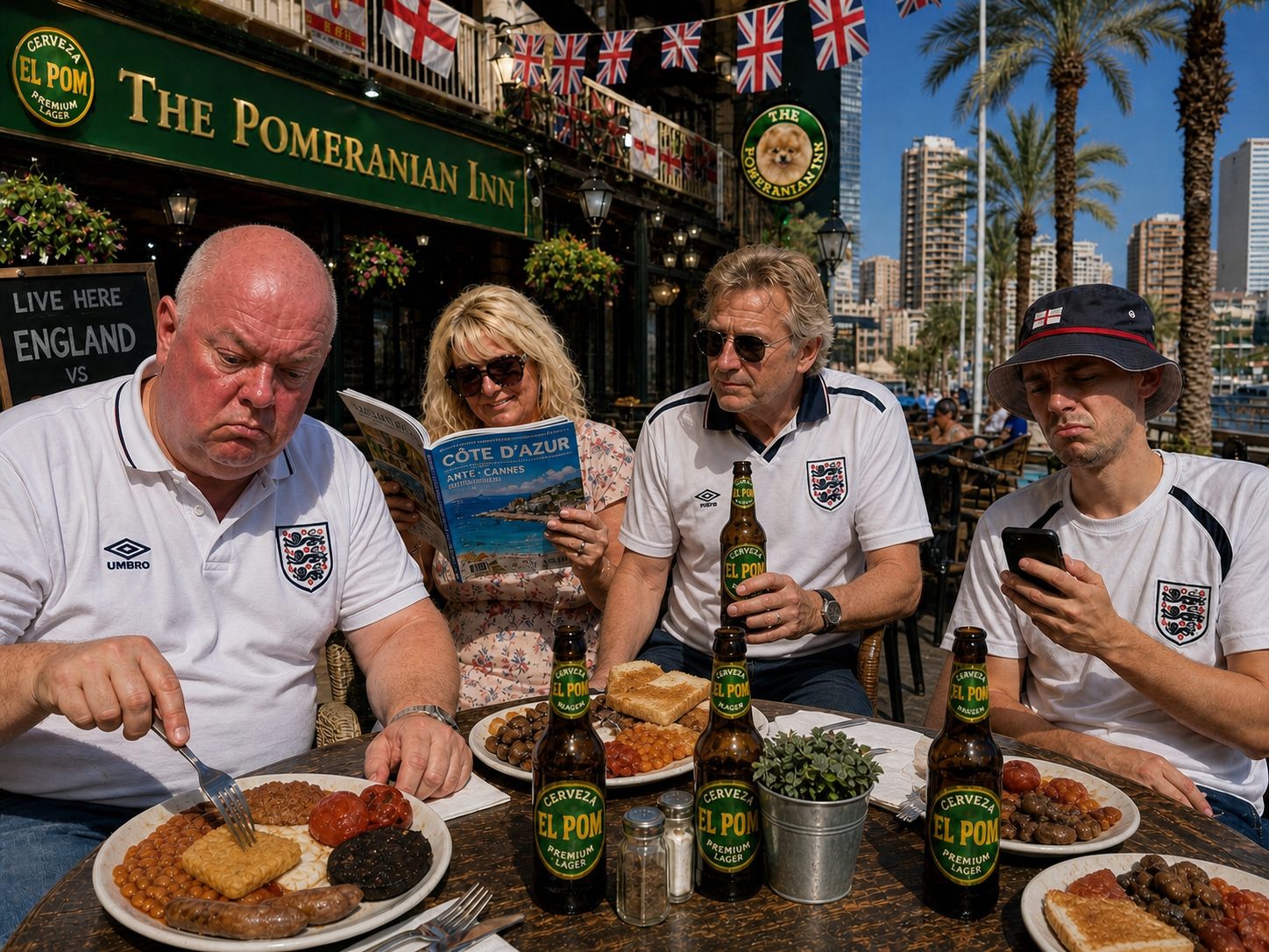 Table 4 having a very subdued full English breakfast, Dave looking miserable despite the win, Cerveza El Pom bottles untouched