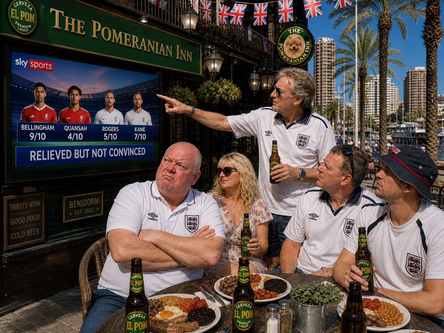 Pub TV showing Sky Sports player ratings, Bellingham 9/10, Quansah 4/10, Dave watching with a grimace