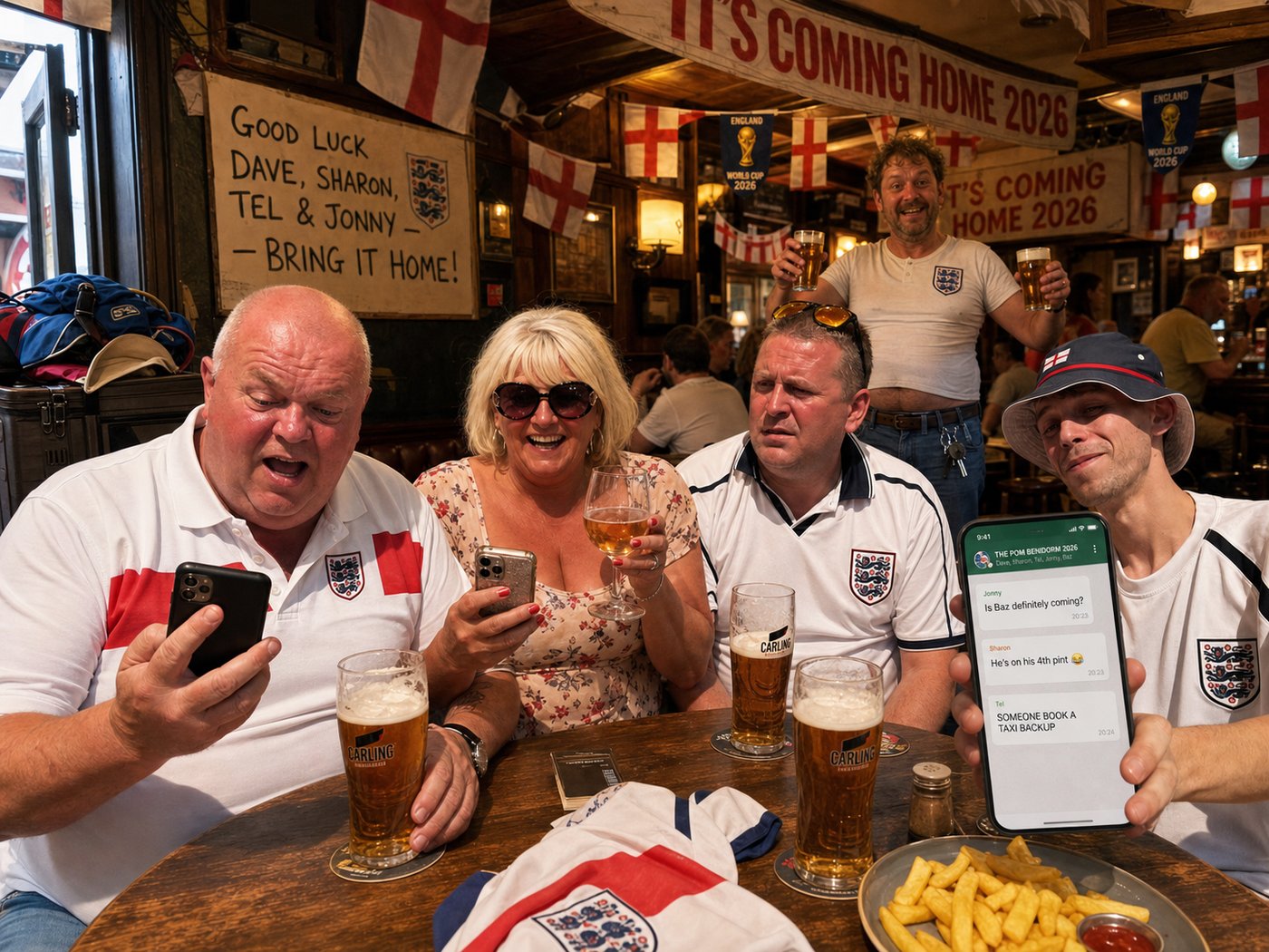 The Wolverhampton send-off party — the gang at their local, Baz in the background with the car keys