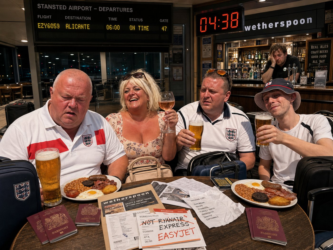 4:38am Stansted Wetherspoons — the gang having mandatory pre-flight pints
