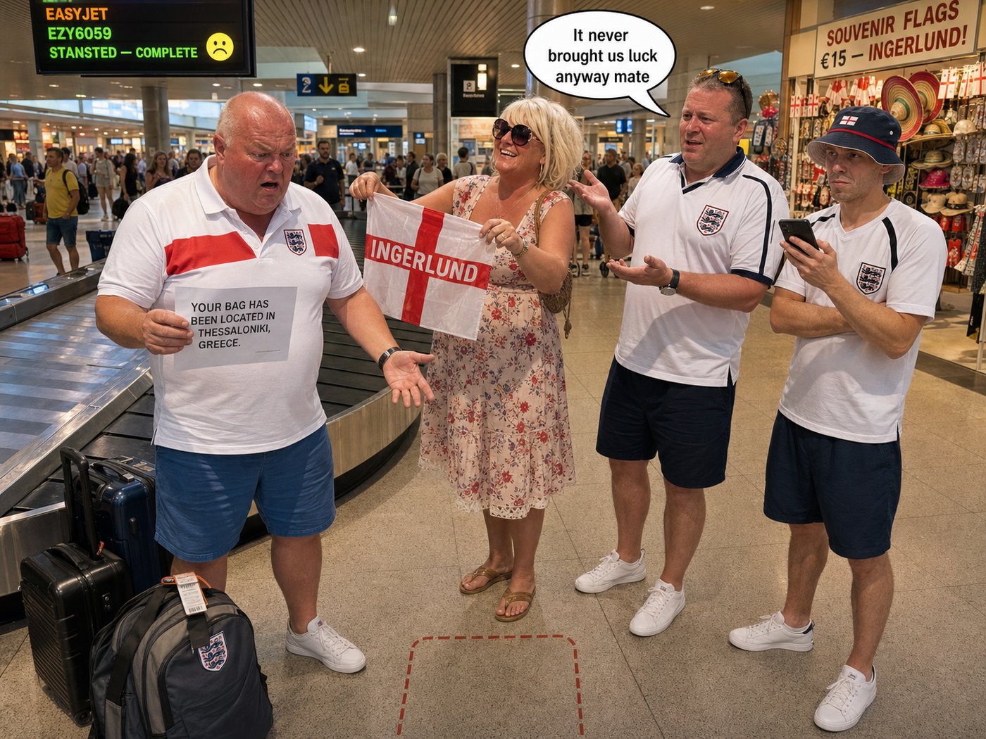 Dave's missing bag at Alicante airport — the lucky flag is in Thessaloniki