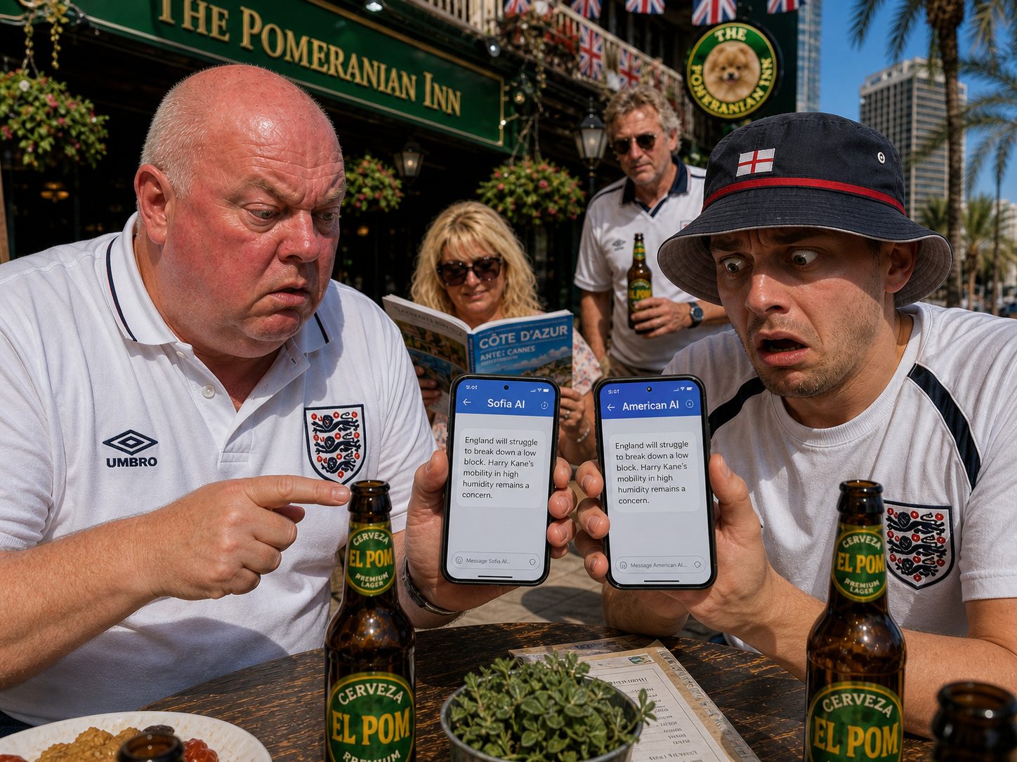 Jonny looking paranoid holding two phones showing identical AI predictions of England struggling, Dave looking confused