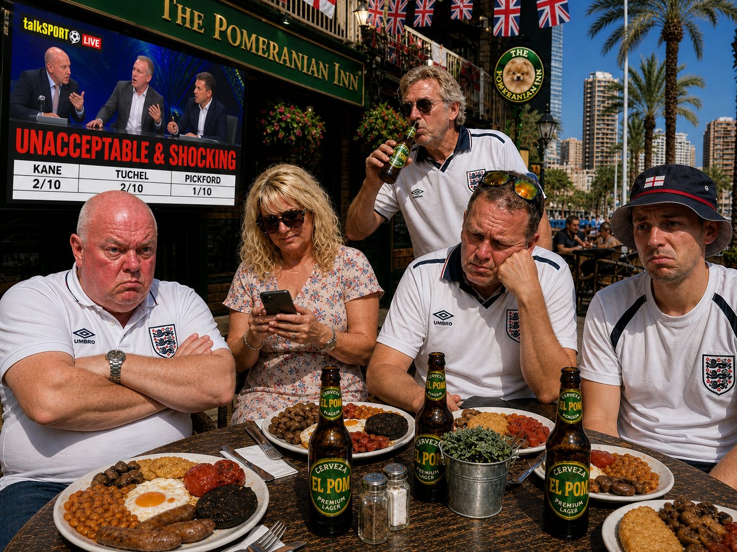 Pub TV showing Talksport pundits looking furious with the headline UNACCEPTABLE SHOCKING, Dave watching miserably