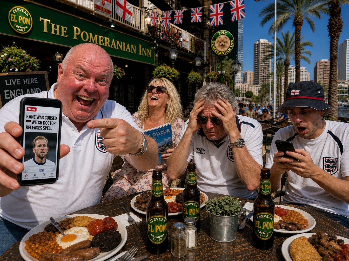 Dave triumphantly showing his phone with the Kane witch doctor story to the table, Tel with head in hands, Jonny frantically typing into his AI app